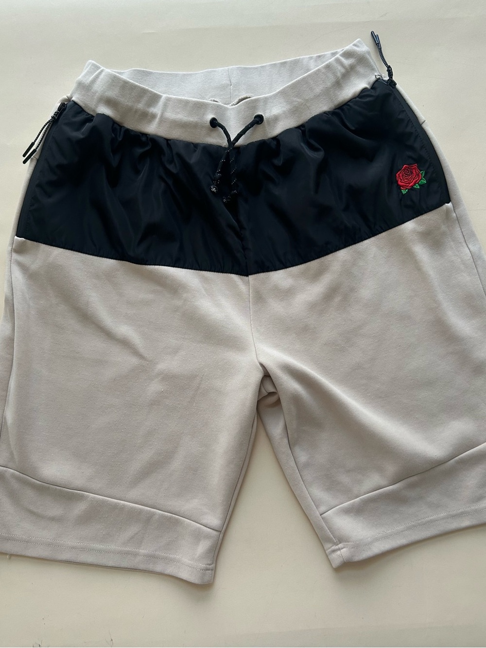 Bascom Men's Two-Tone Black and Cream Athletic Shorts with Rose Embroidery